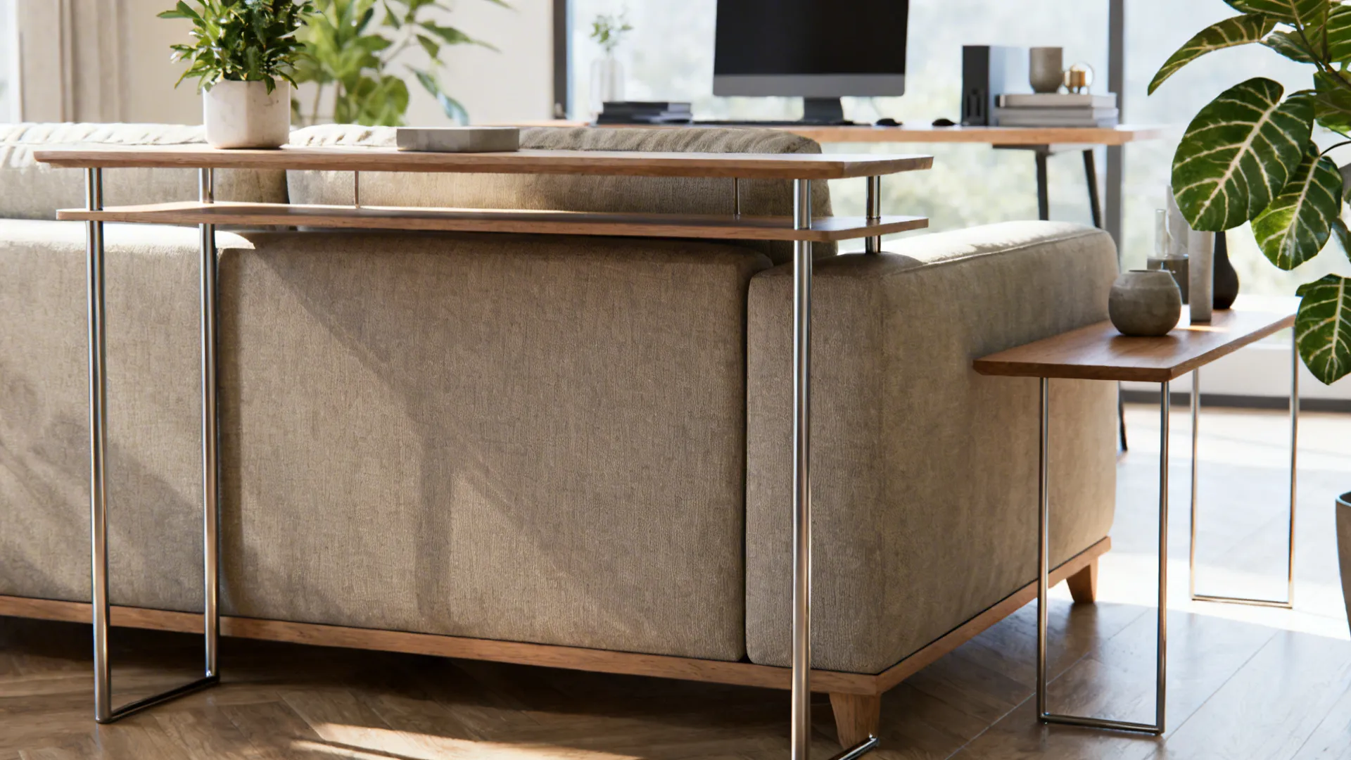 Slim metal-leg console behind a large sofa used as a work and plant shelf, keeping the room airy.