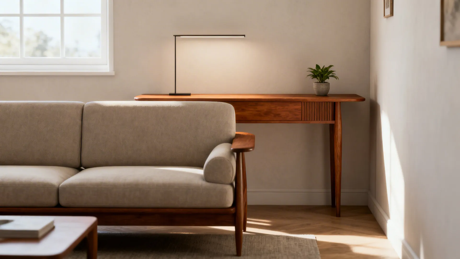 Beige sofa in front of slim wooden table with black lamp and small green plant