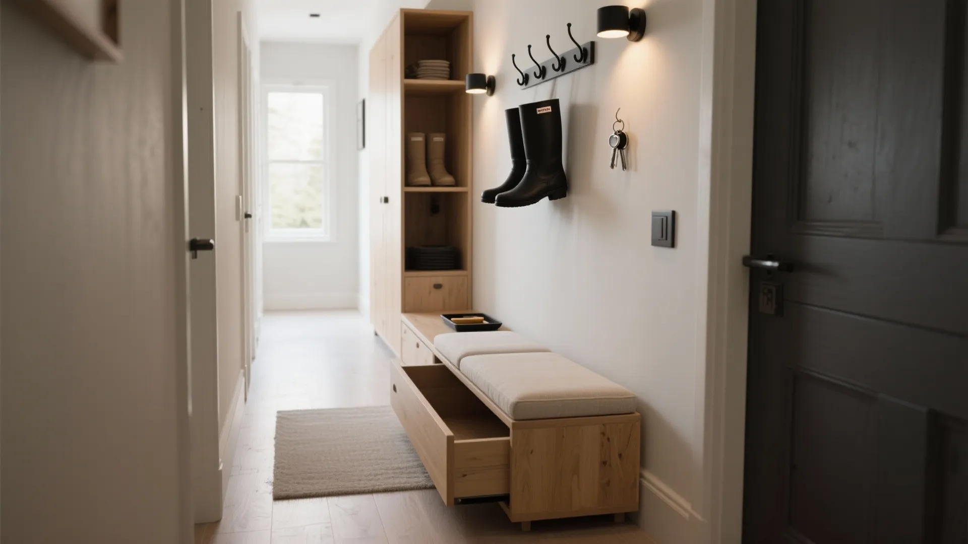 1) Slim Console + Hidden Bench Storage