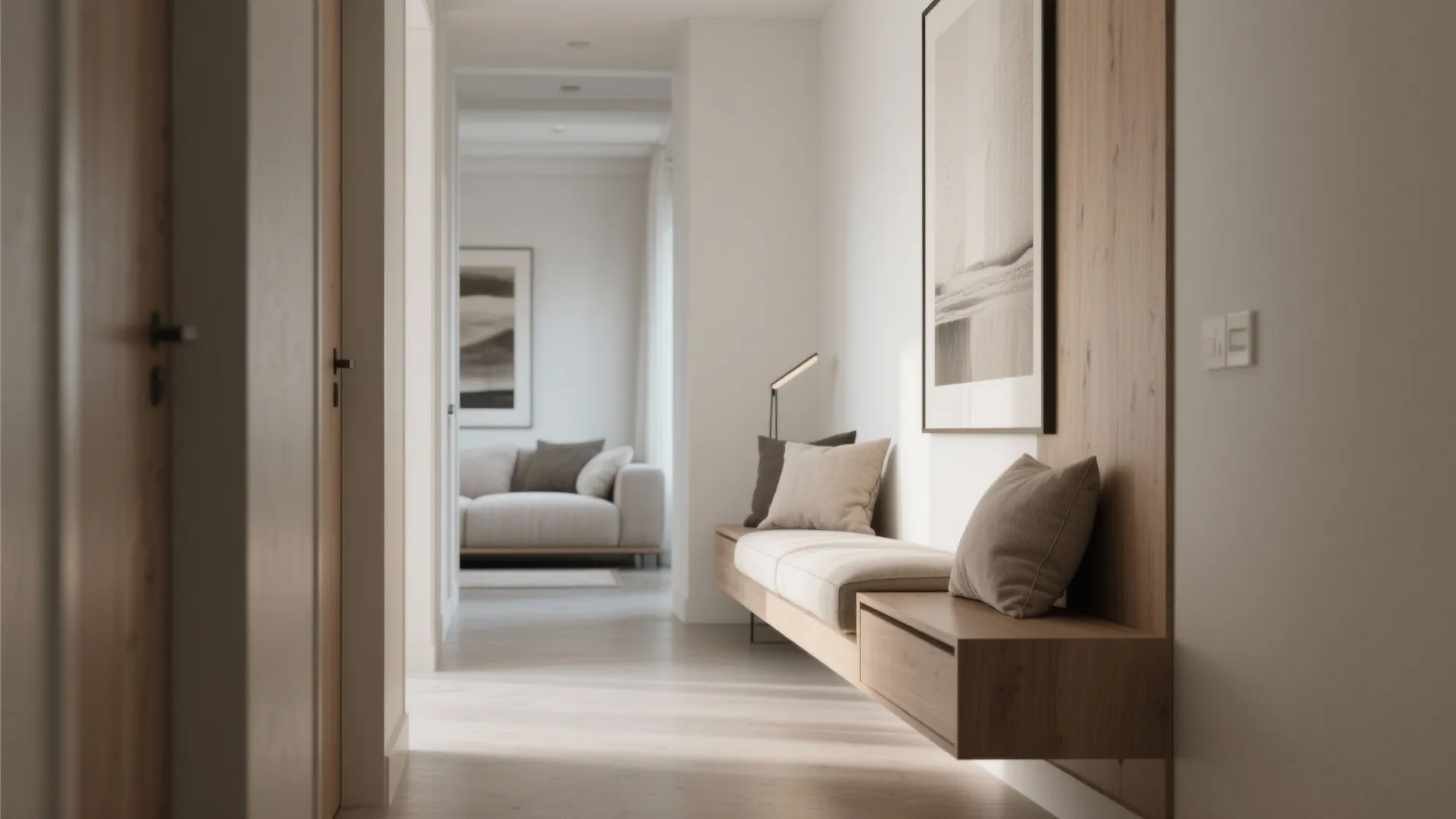 Narrow console that converts into a bench with thin cushion and plush pillows in a hallway.