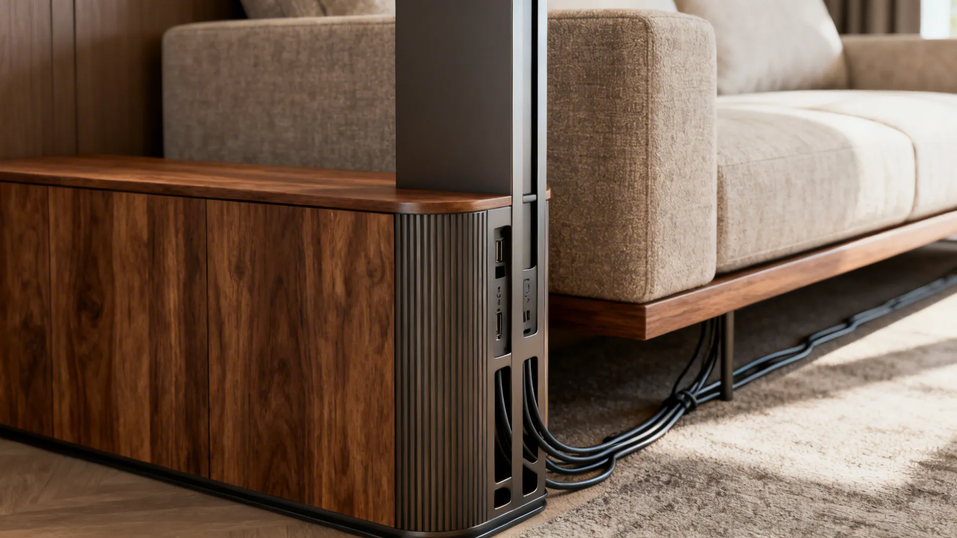 Slim tall console with built-in cable management behind a sofa