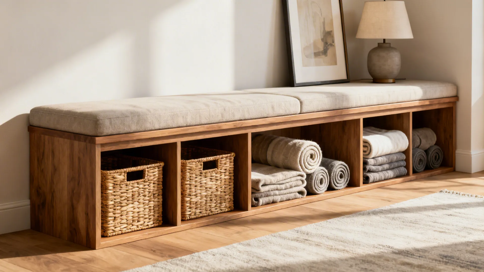 2. Use a slim console with cubbies