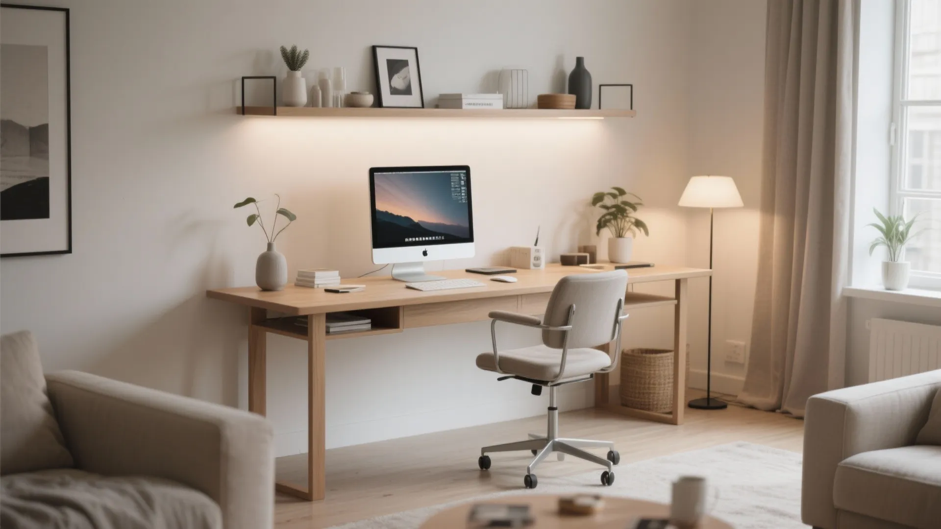 Modern home office with wooden desk computer chair floating shelf wall light and neutral decor