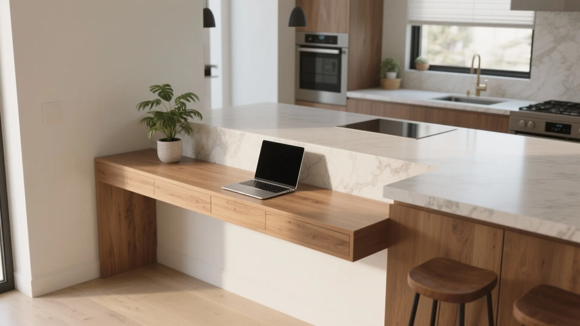 1. Slim console desk along the breakfast bar