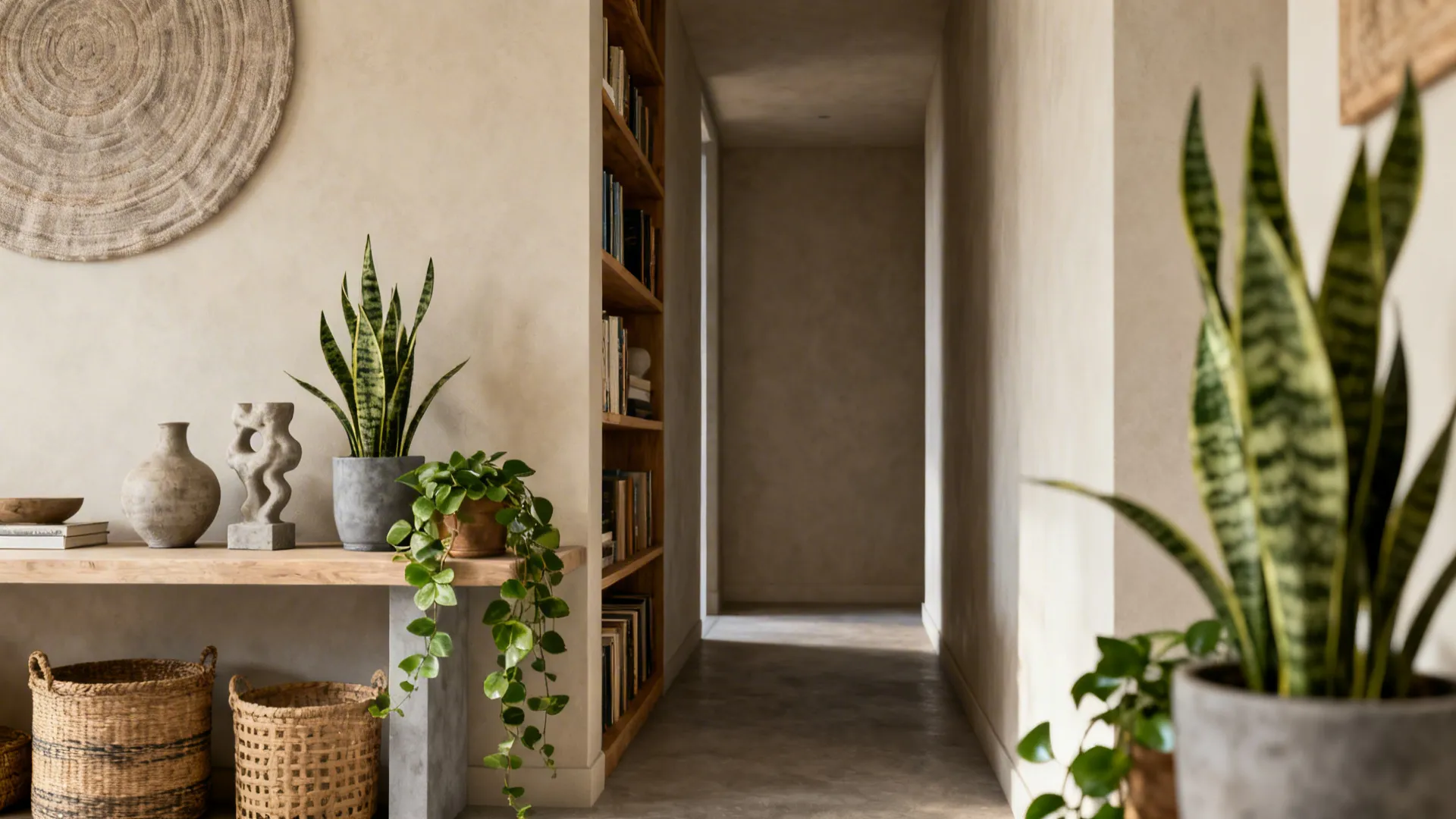 Narrow low bookshelf placed perpendicular to walking path acting as a visual divider with decor and plants.