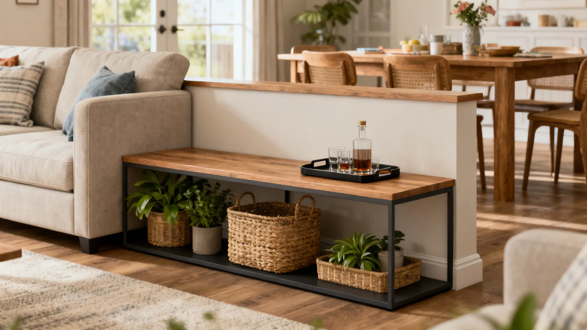 Slim console divider between sofa and dining table with plants and baskets for storage.
