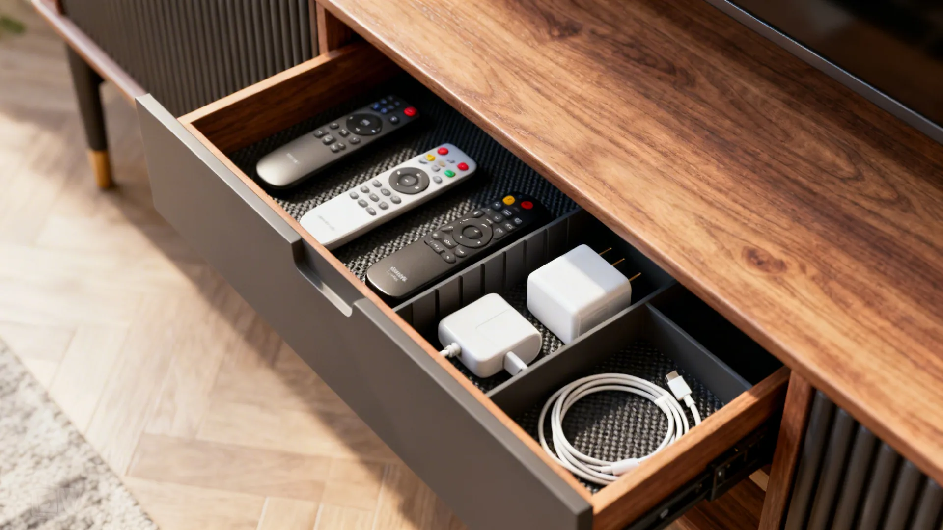 Close-up of a slim console drawer with dividers and non-slip liner organizing small items