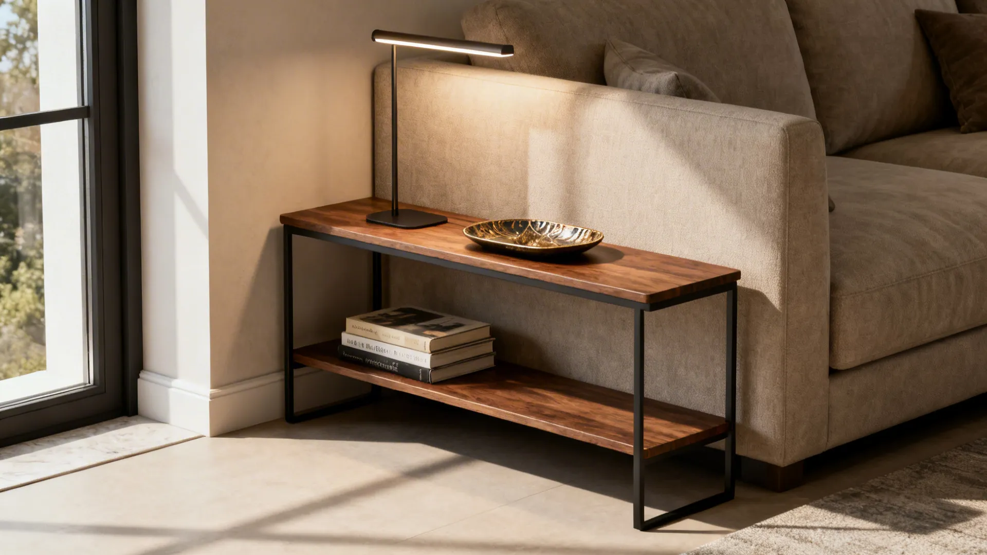 Slim wooden console behind a sofa serving as an end table with a narrow lamp and lower shelf of books, leaving a clear walkway.