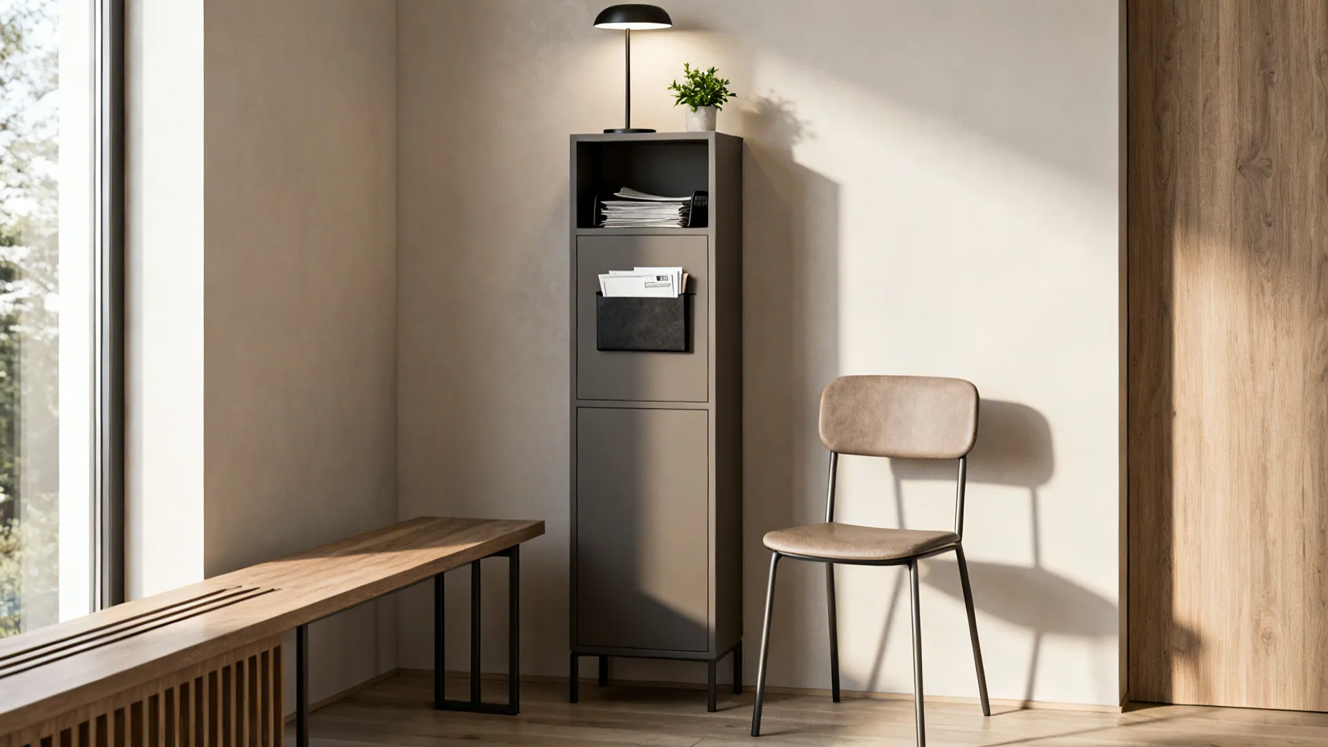Slim console-style end table beside a narrow armchair holding a lamp, mail tray, and plant.