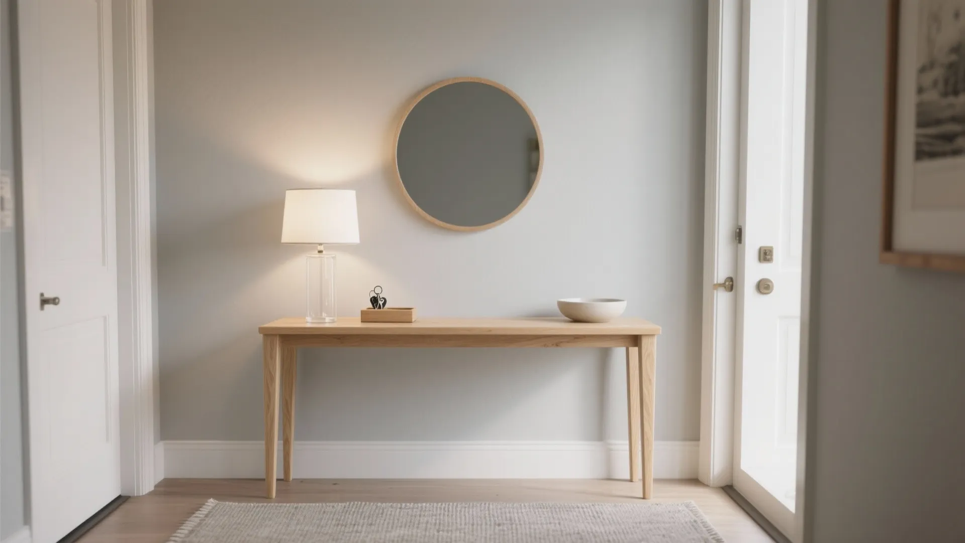 Modern entryway features a wooden console table with table lamp round mirror and white walls