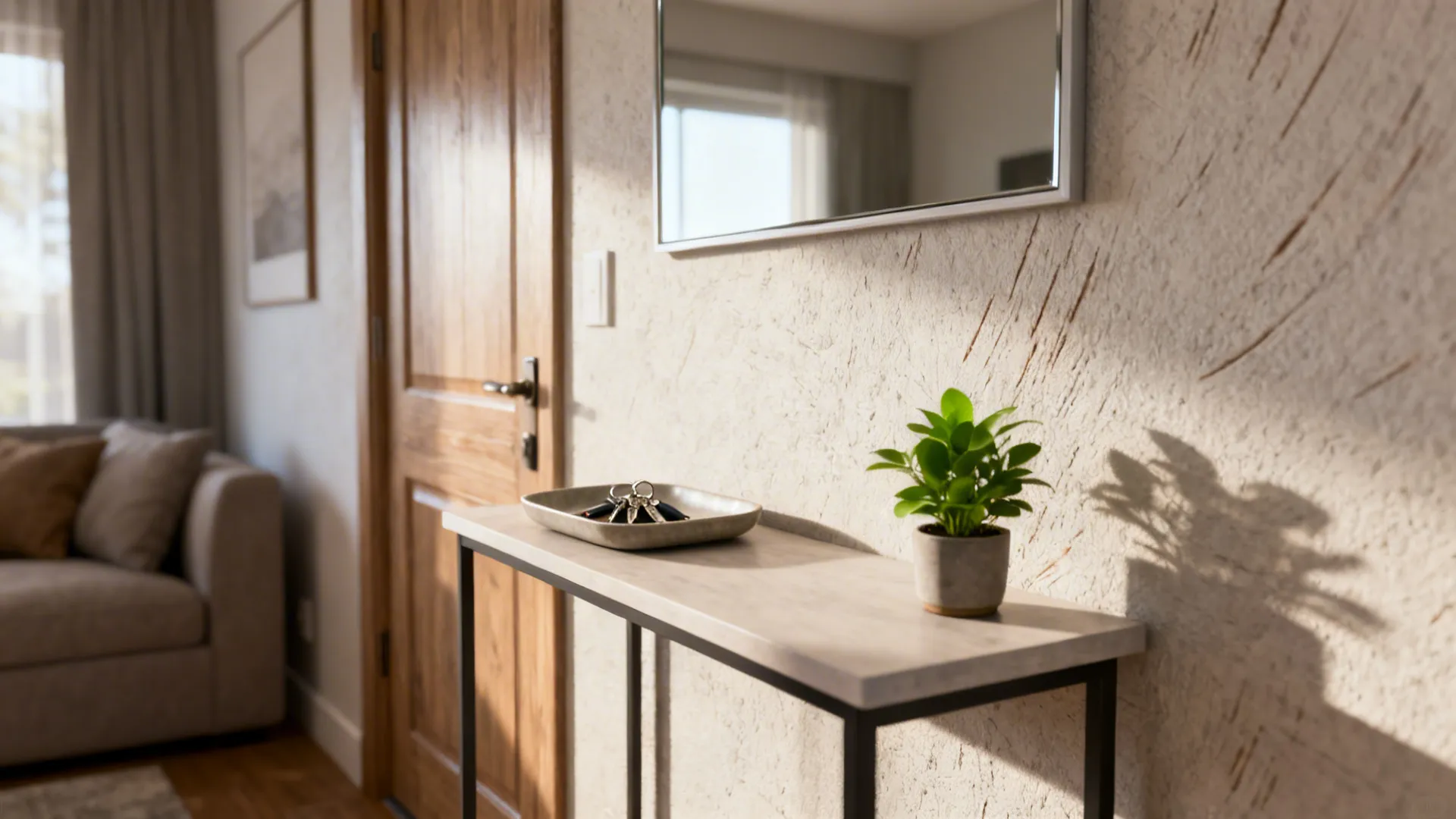 Slim console table with tray and plant opposite a front door in a small living room.