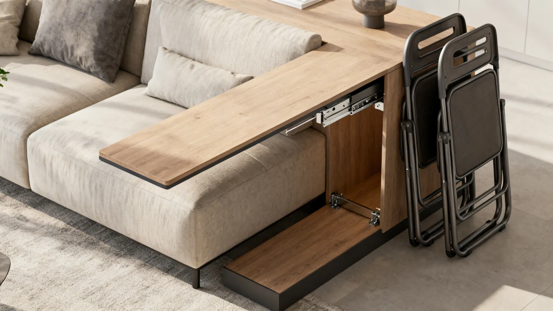 Narrow console by a sofa extended into a dining table with chairs tucked nearby