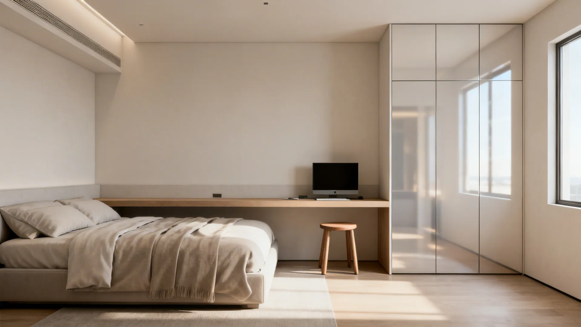 Queen bed with a slim console at the foot serving as a workspace and media surface.