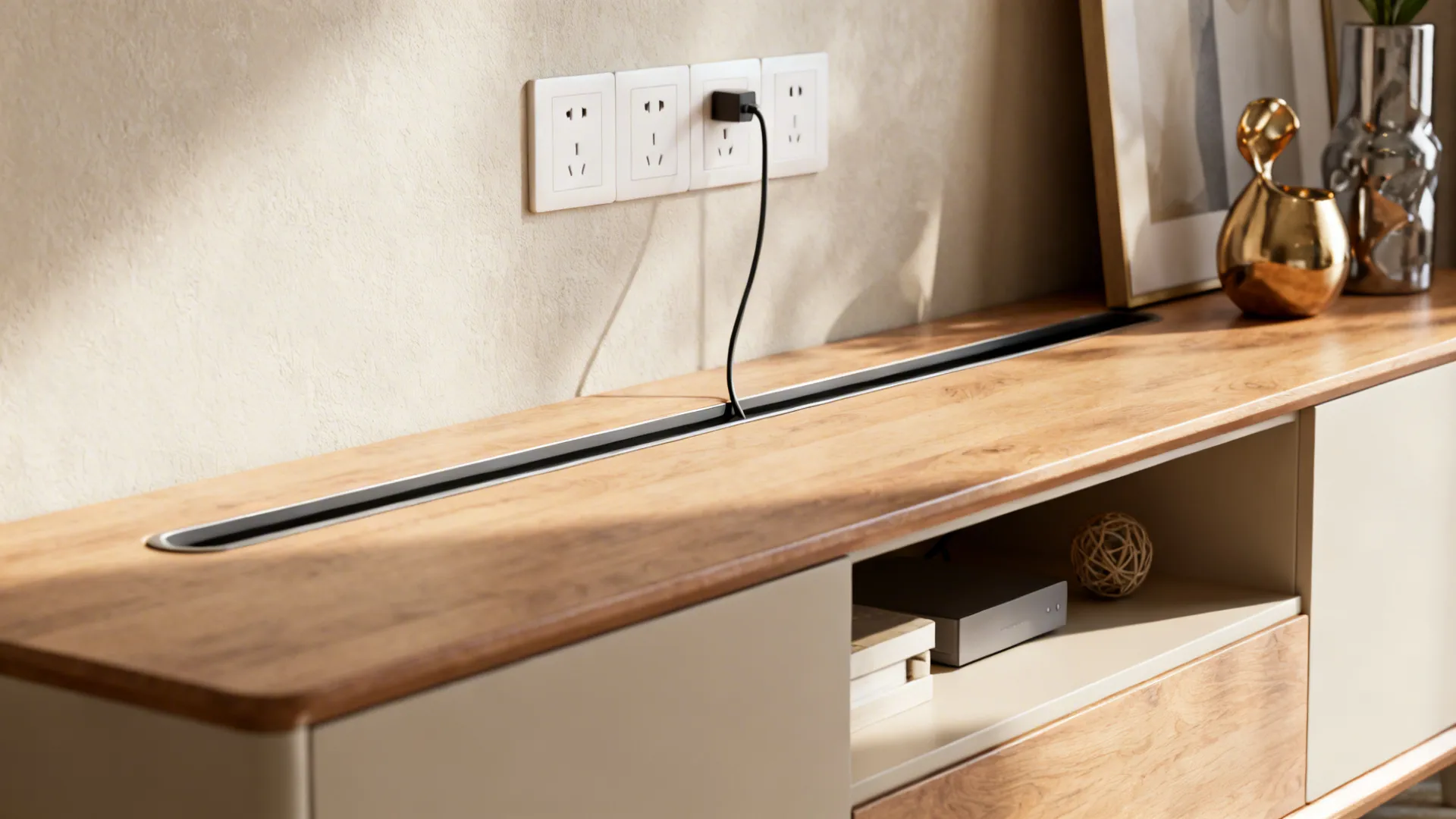 Slim console placed in front of a wall outlet with a small gap and cord channel visible.