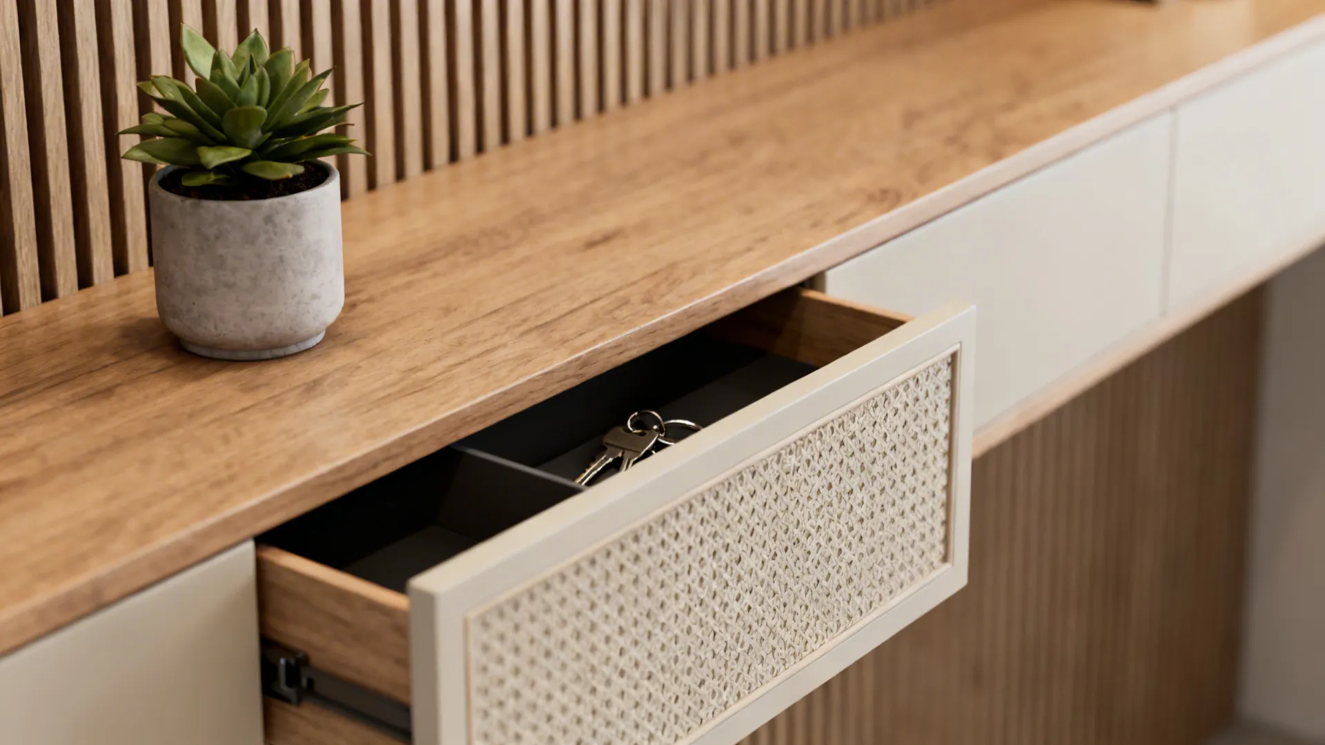 Slim console table with hidden drawers and a small plant on top in a narrow entryway