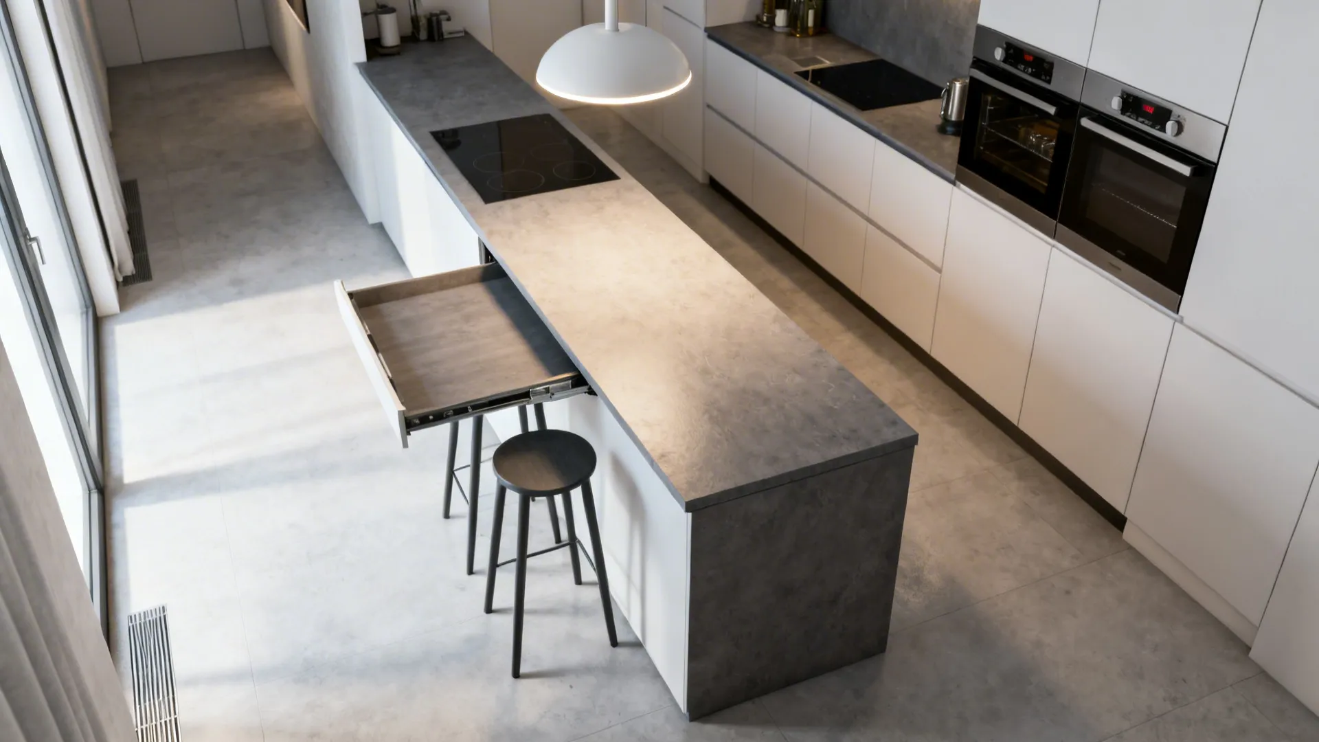 Slim multifunctional console island with pull-out worktop and tucked seating in a narrow studio layout.