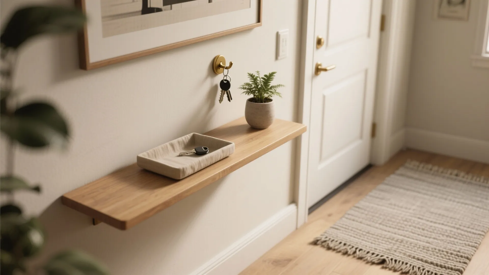 Wall mounted wooden shelf with keys in a tray and on a hook near door