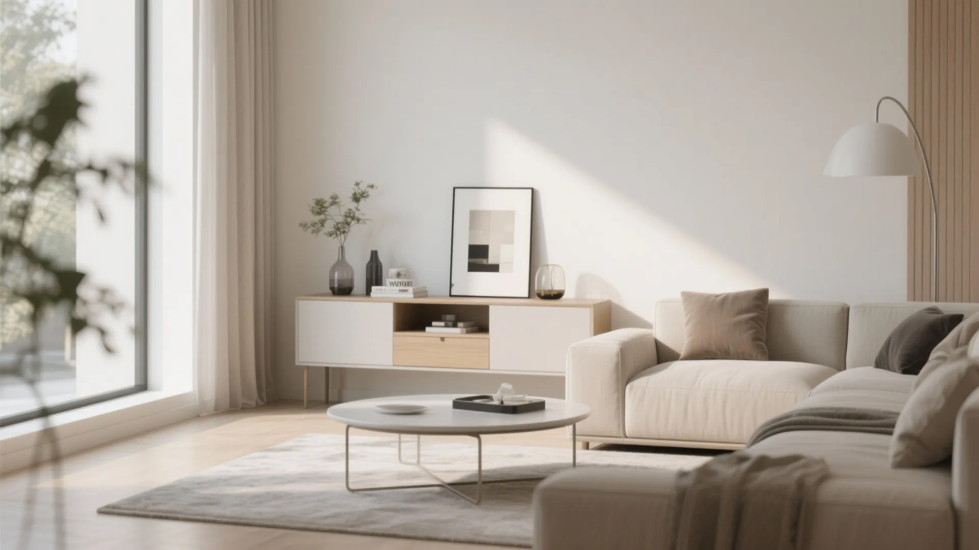 Modern living room with beige sofa round coffee table wooden cabinet floor lamp and large window