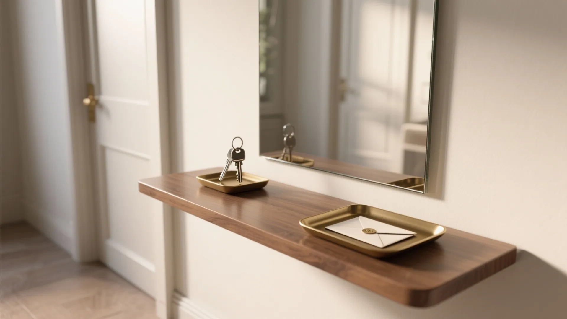 Wooden floating shelf with gold trays for keys and letters below a simple wall mirror