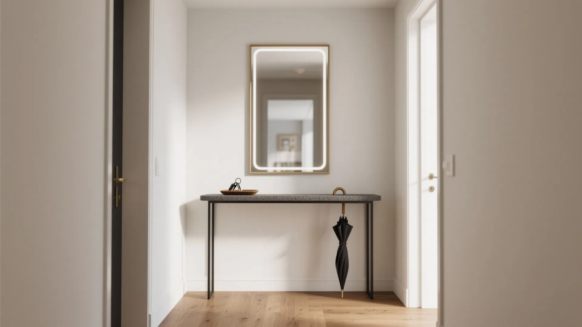 Narrow console + oversized mirror for visual depth