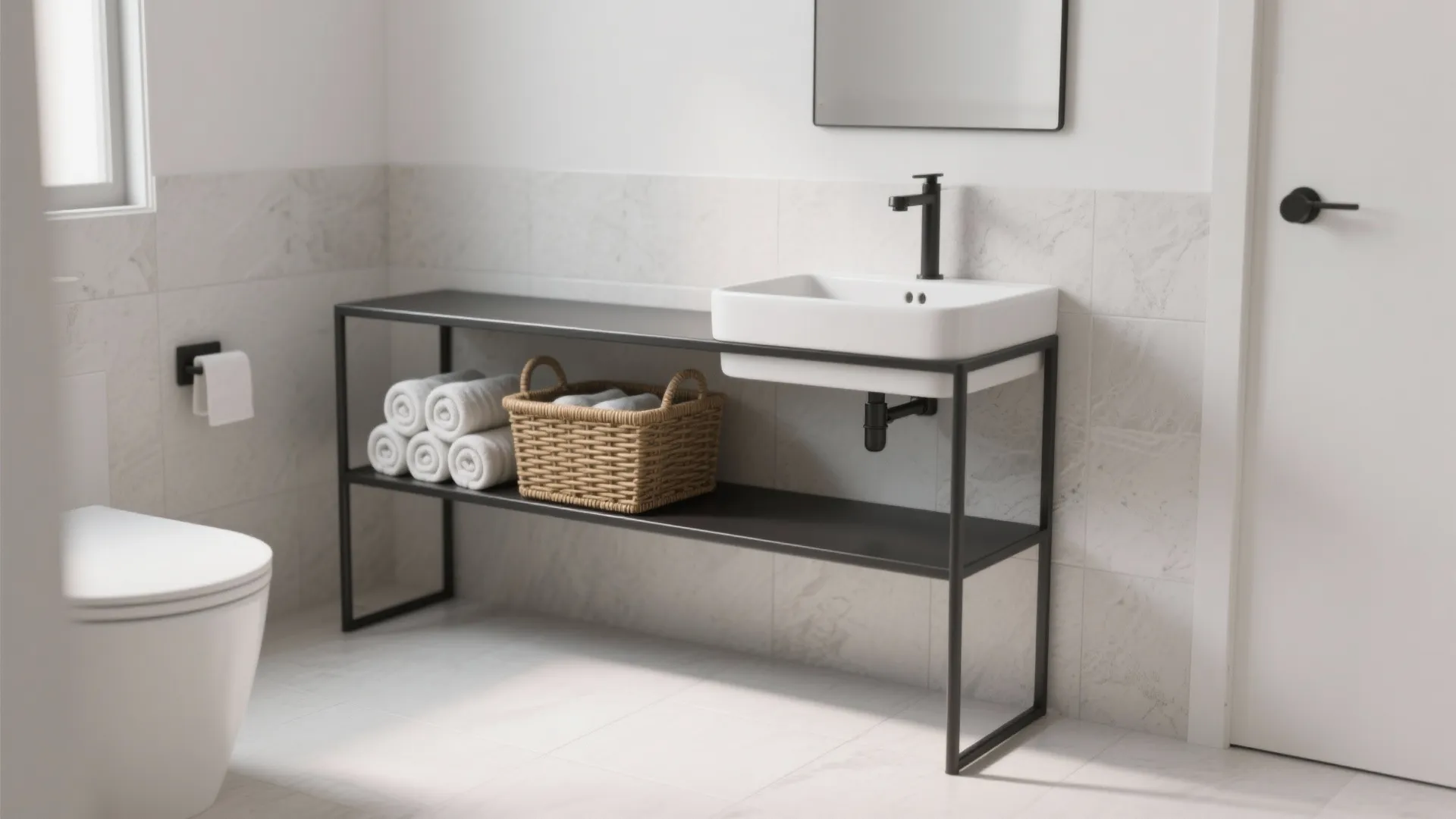 3) Slim console vanity with open shelf