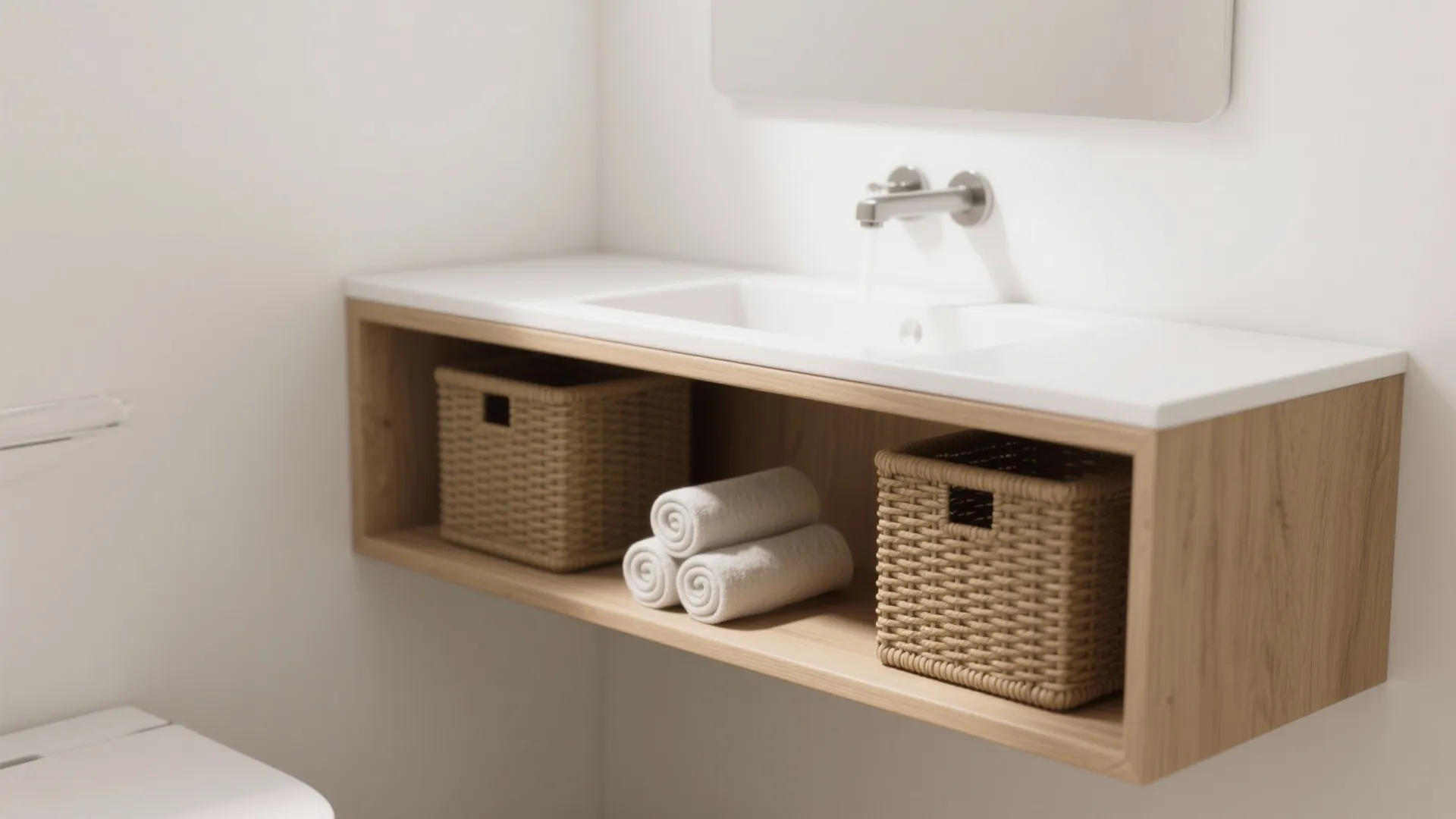 2. Slim white oak console with open shelf