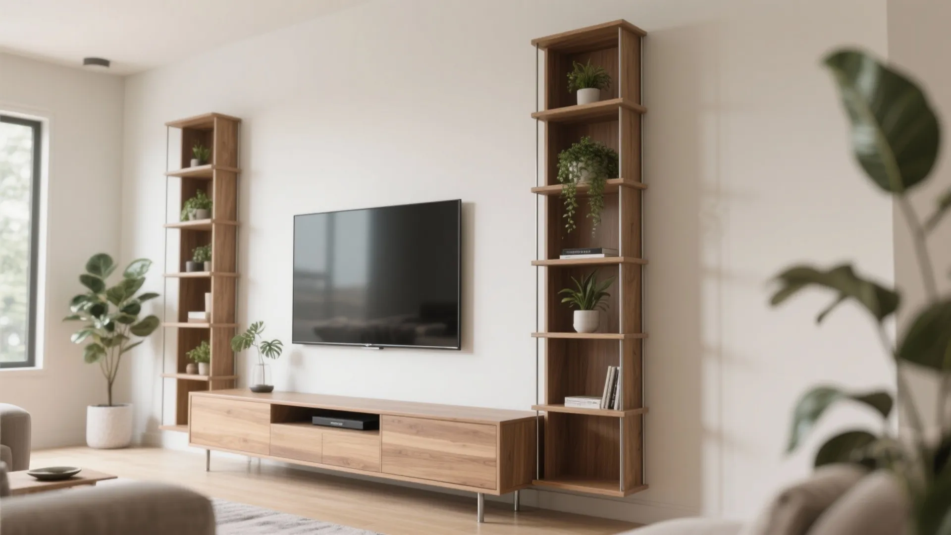 3. Slim console and vertical shelving for balance