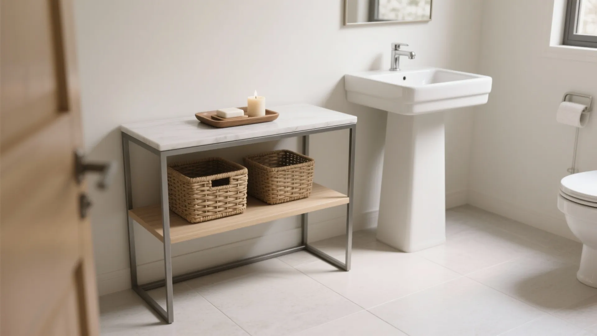 Slim console table with open shelf beside a pedestal sink in a small bathroom.
