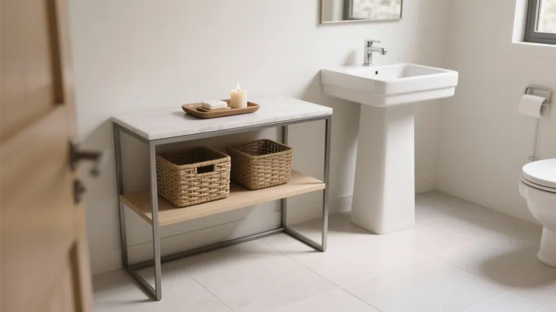 Serene Bathroom with Marble Console and Woven Storage