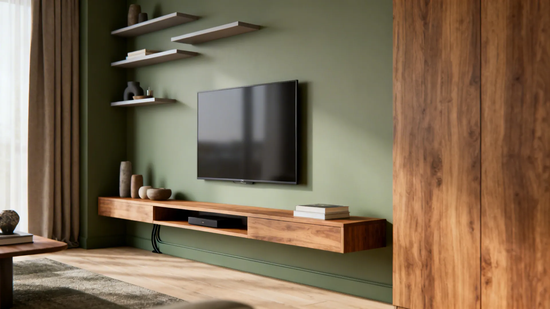 Narrow living room wall with slim media console and staggered floating shelves, hidden cables