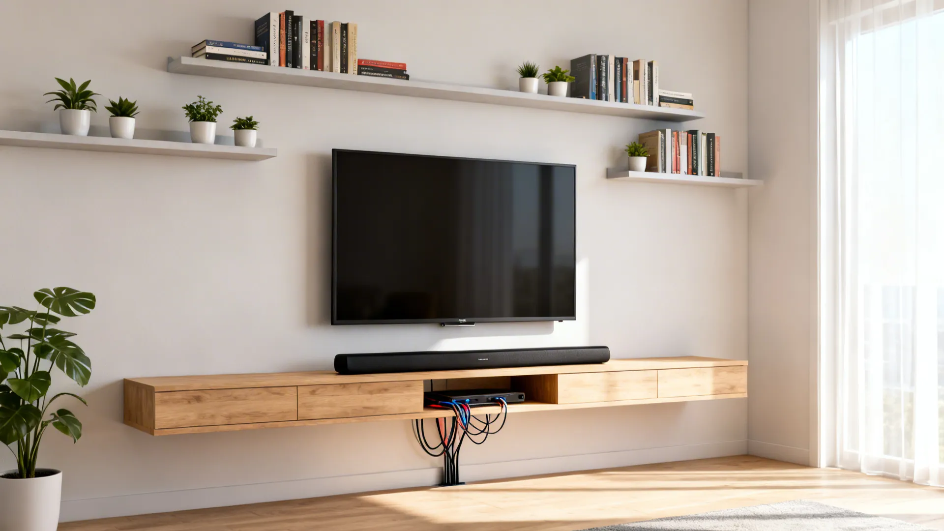 Slim media console with floating shelves, books, plants and tidy cable management