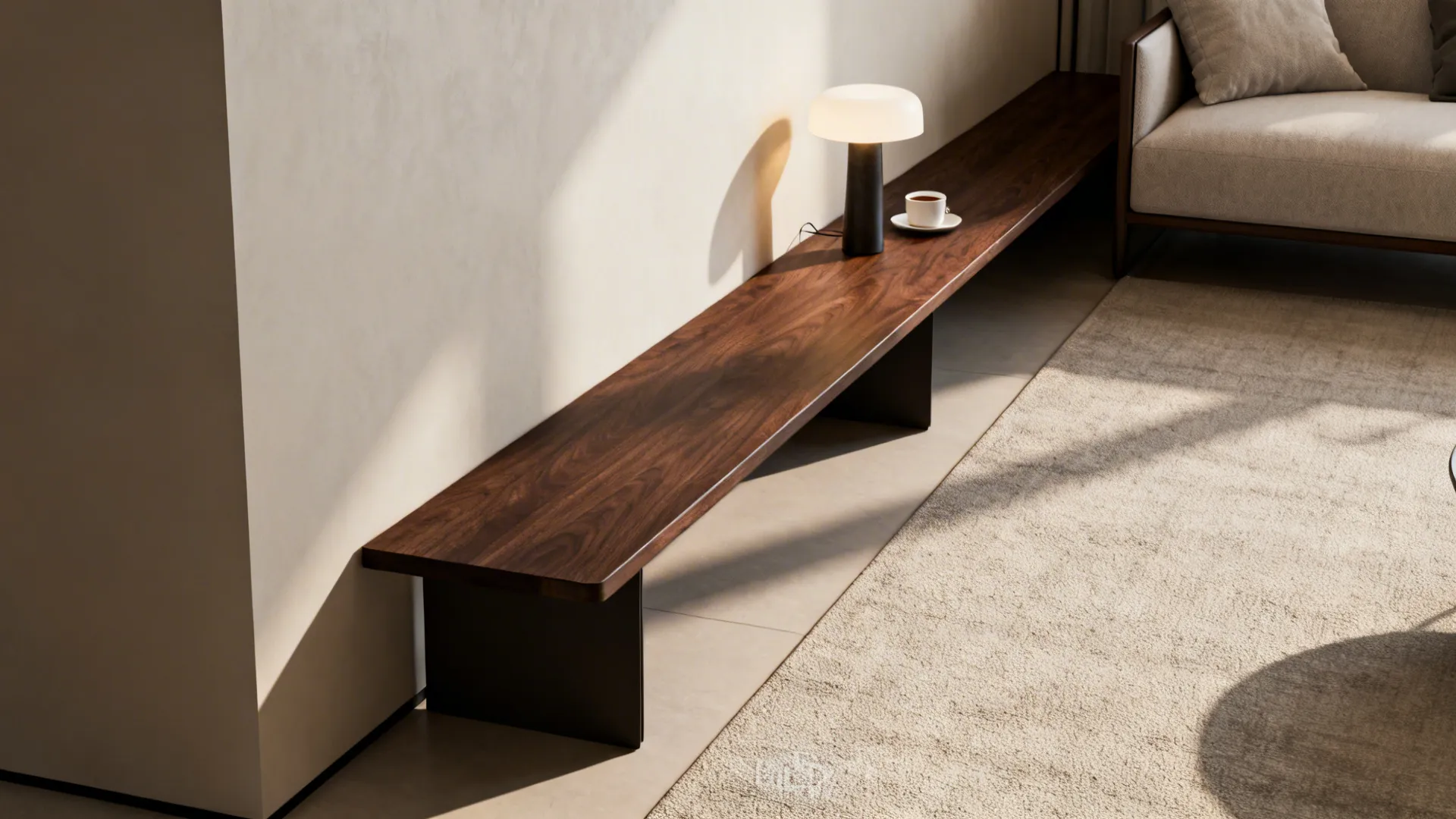 Long slim wood side table with a lamp and coffee cup near a beige sofa