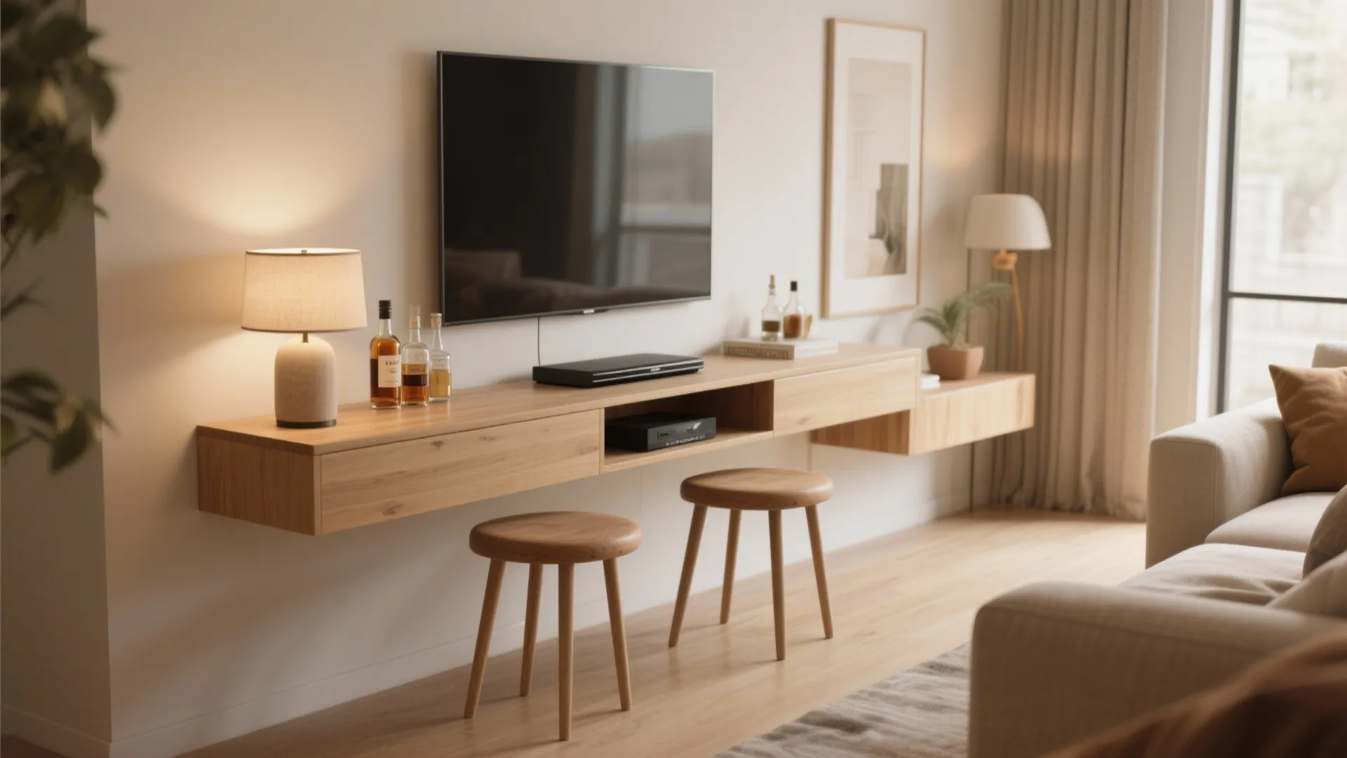 2. A long, slim console + two stools