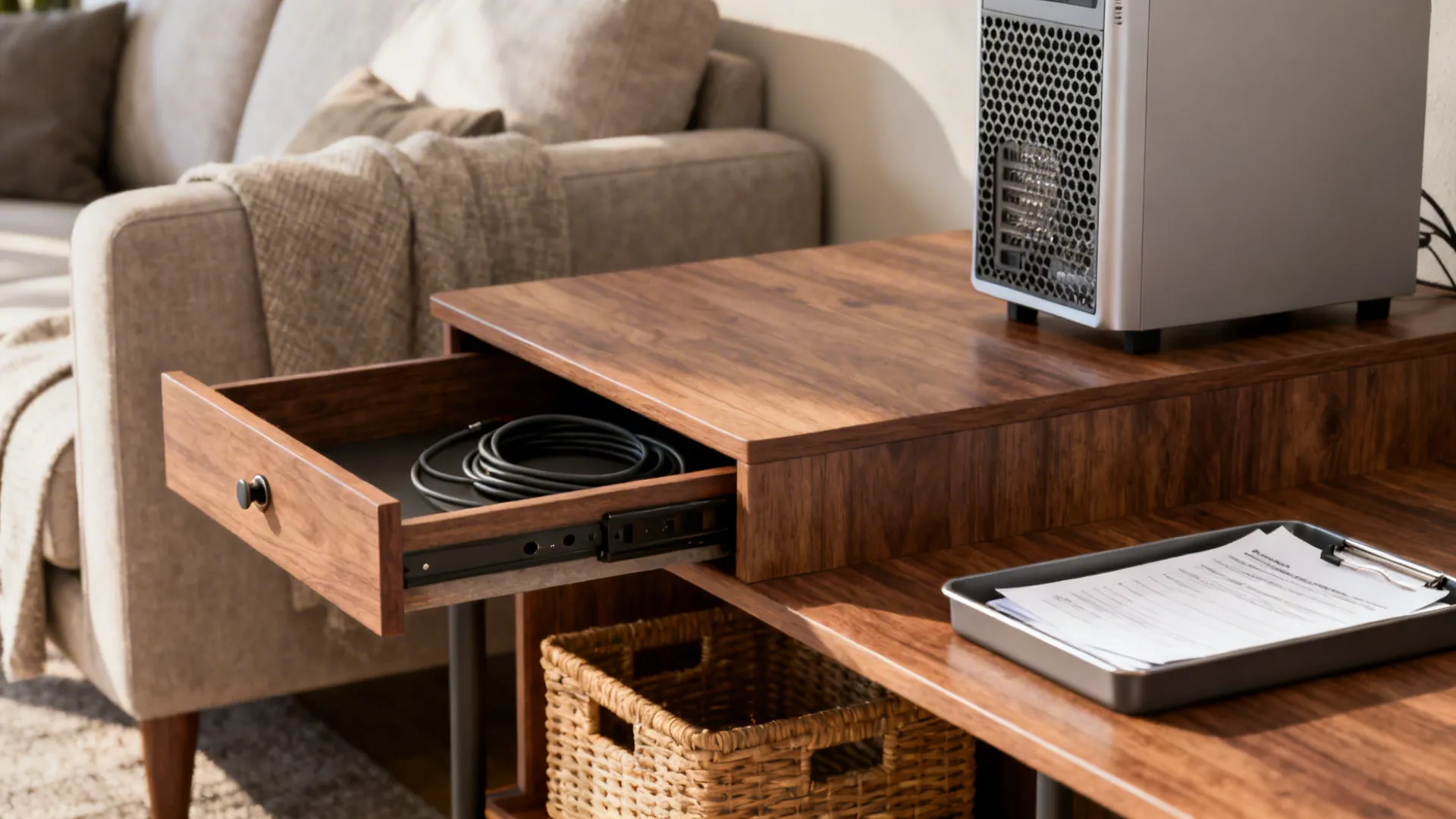 Slim console desk with drawer, baskets and a ventilated mesh basket for a desktop tower.