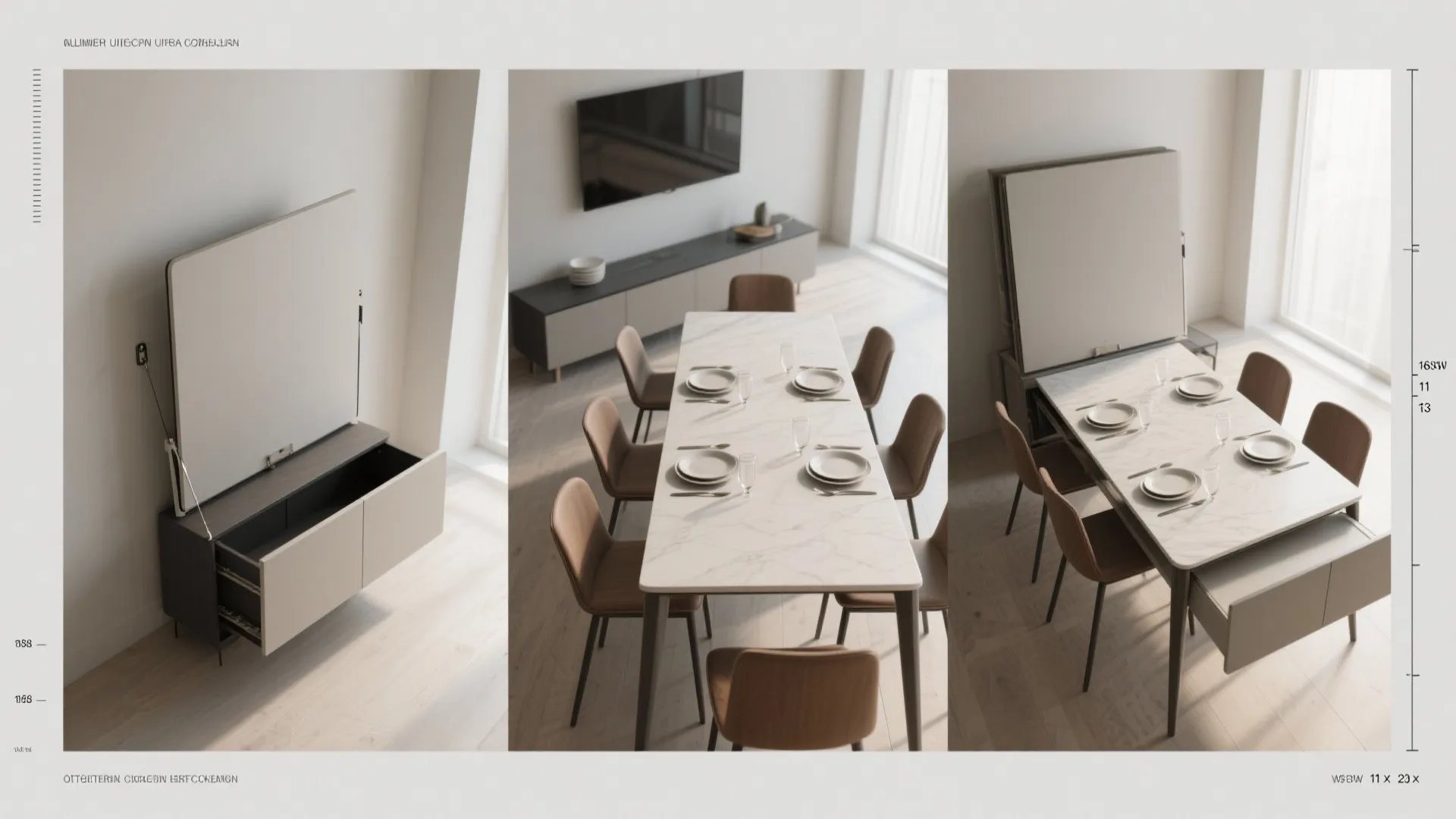 Interior design drawing showing a multifunctional dining table that expands and folds for space saving
