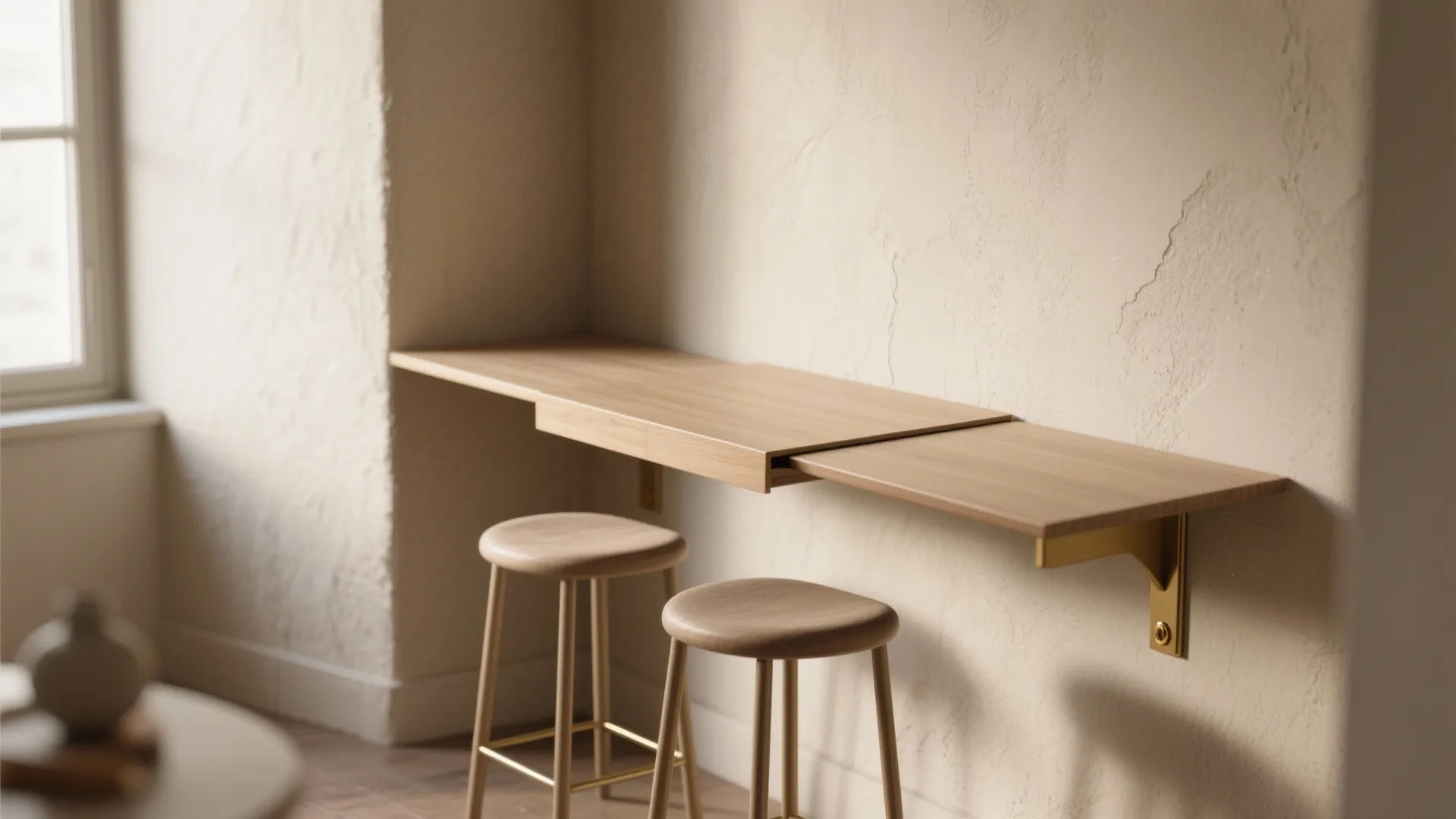 Slim wooden wall mounted table with two stools against a textured light beige colored wall