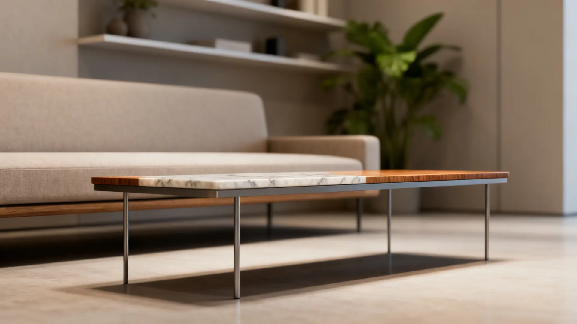 Slim console-style coffee table in marble or wood in a compact living room