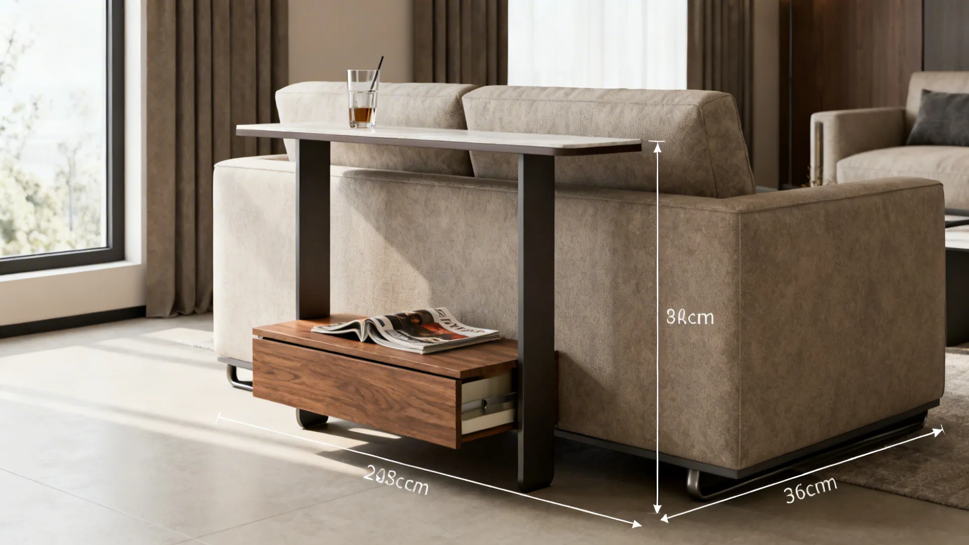 Slim wood table behind a sofa showing height and width measurements in a living room