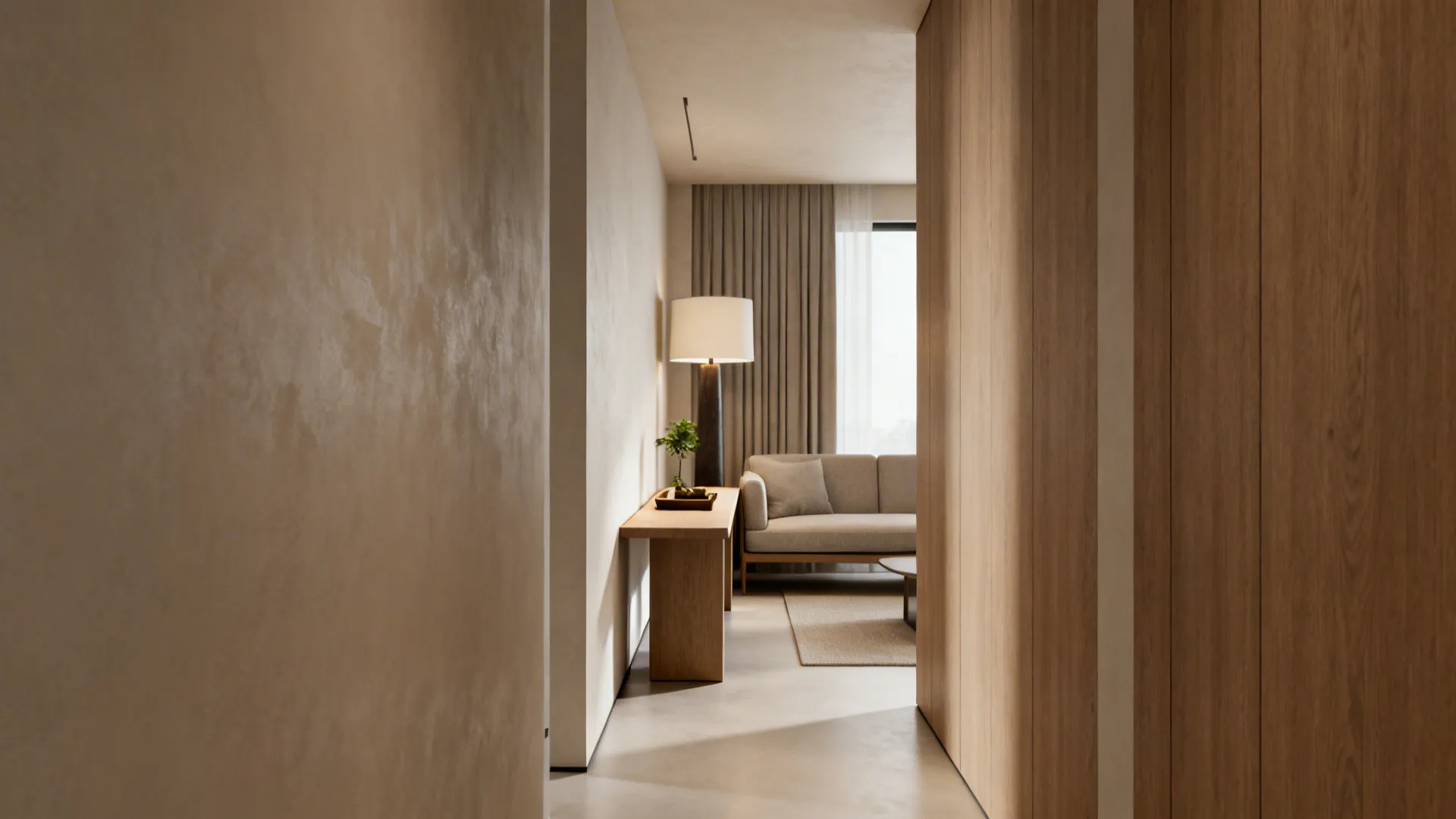 Slim console-style coffee table in front of a narrow sofa, keeping circulation clear