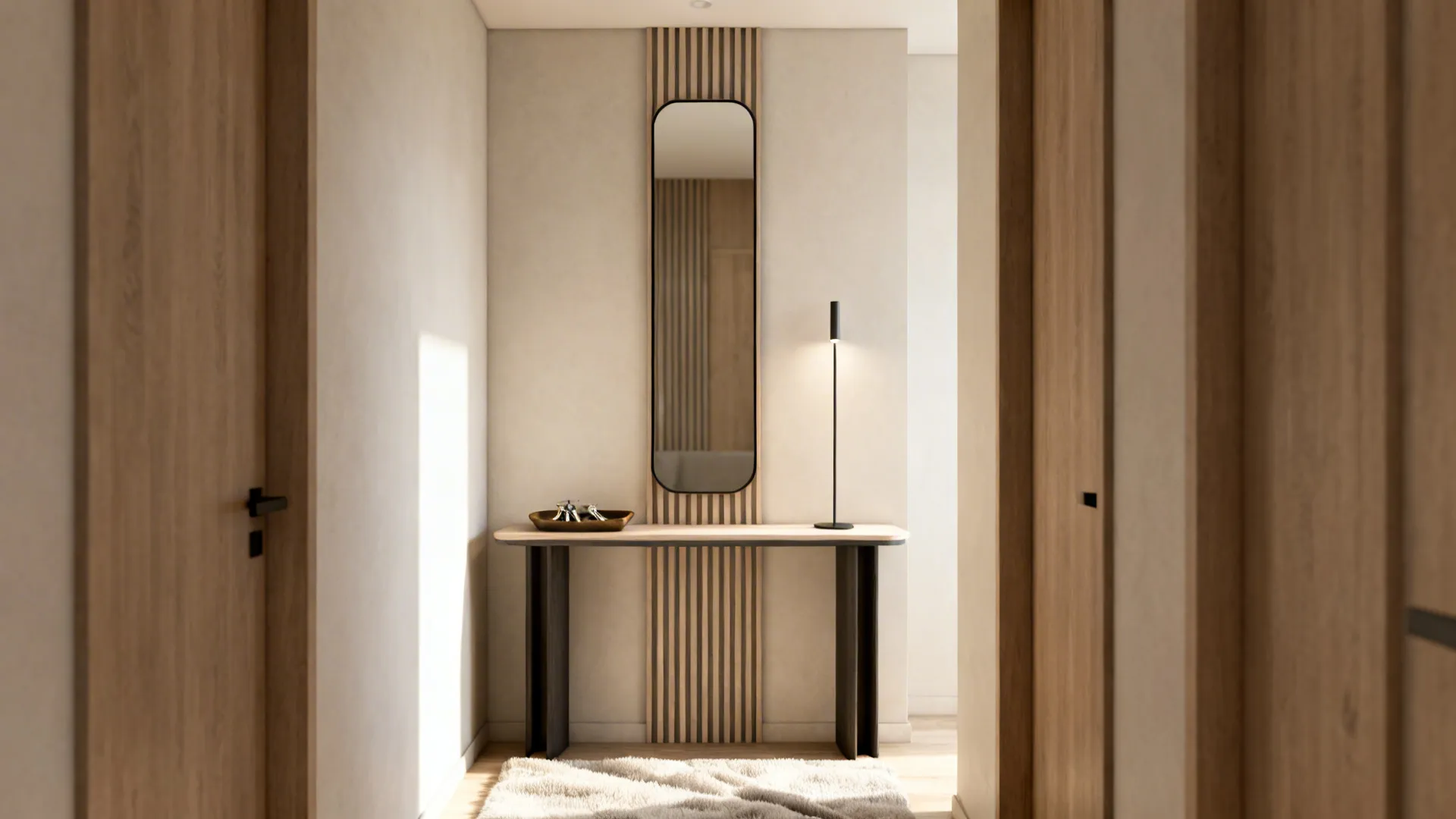Narrow entryway with a slim console table and a tall narrow mirror, styled with a lamp and tray.