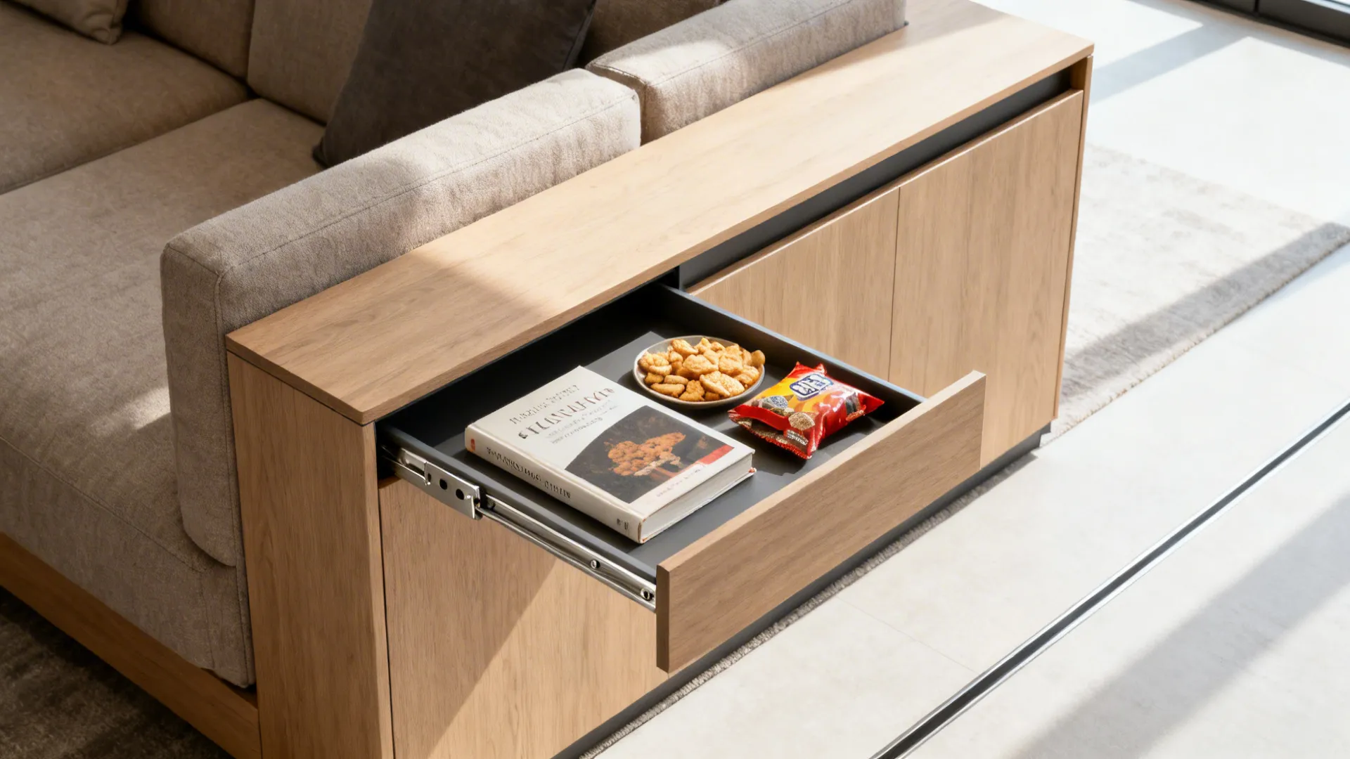 Slim console behind a sofa with a slide-out tray extended holding books and snacks