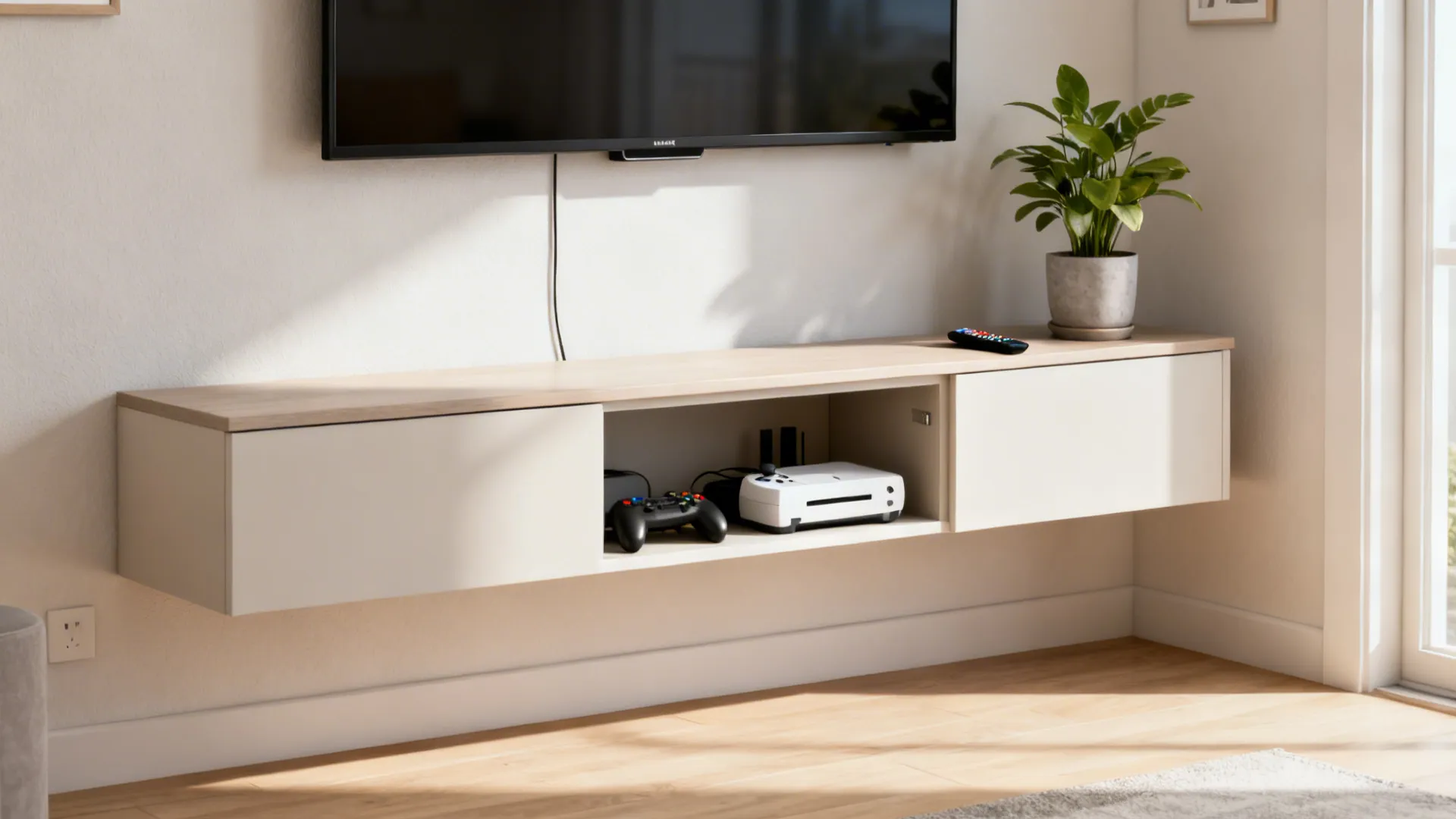 Modern white floating cabinet under a wall mounted television with a small green potted plant