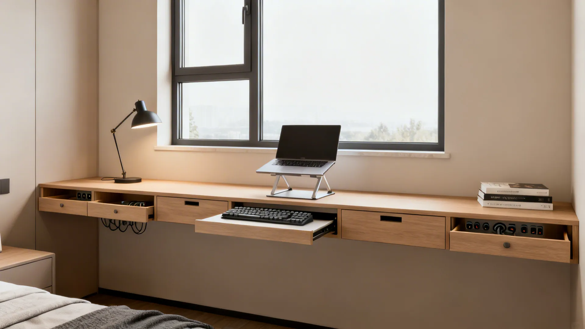 Wall-to-wall slim console desk under a window with shallow drawers and cable ports.