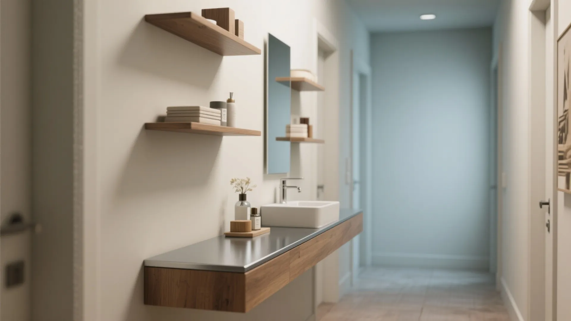 Minimalist hallway sink with wooden floating shelf and wall mounted mirror in a clean home