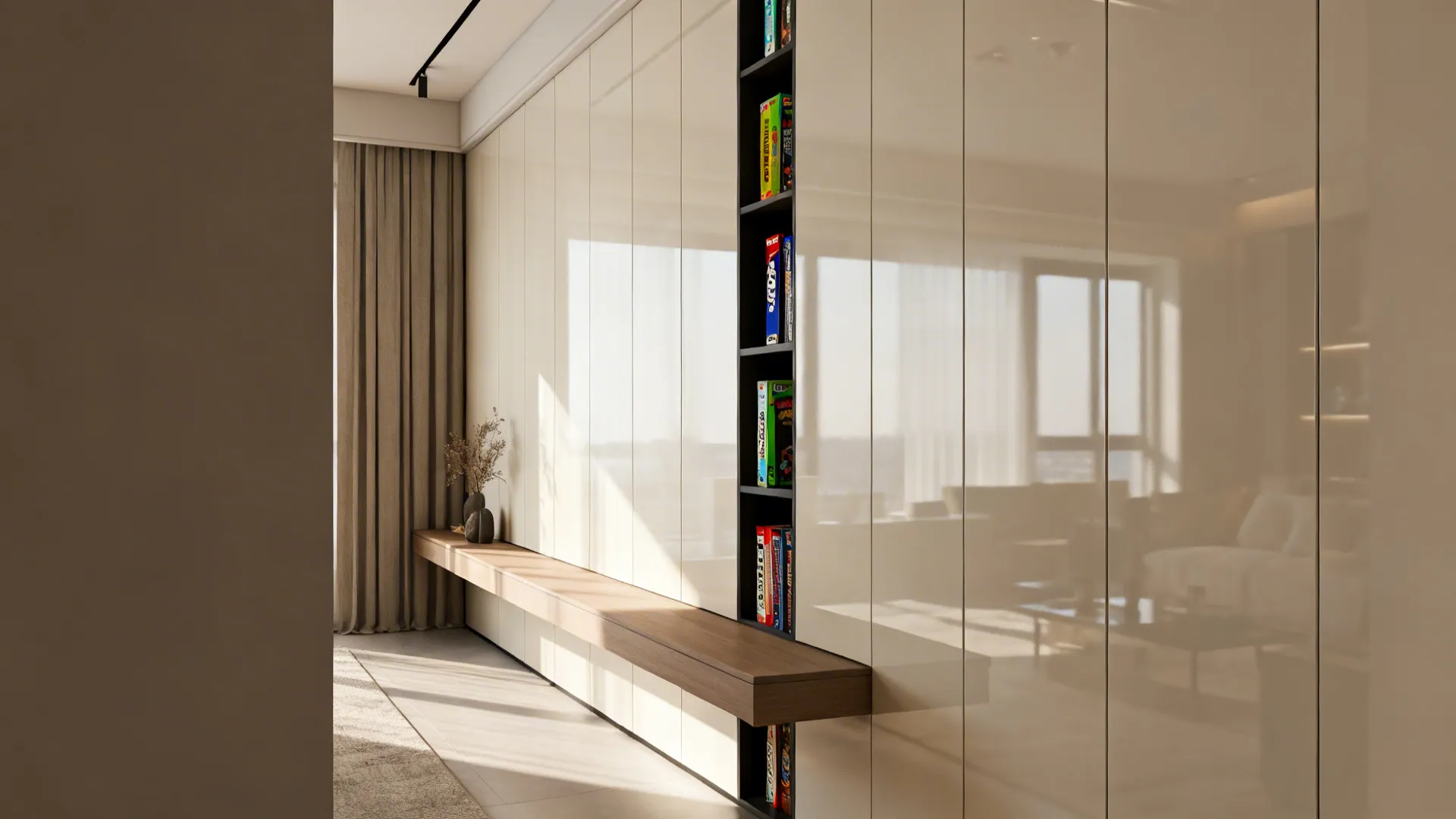 Slim console paired with tall vertical cabinetry in a narrow living room, light finish keeps it airy.