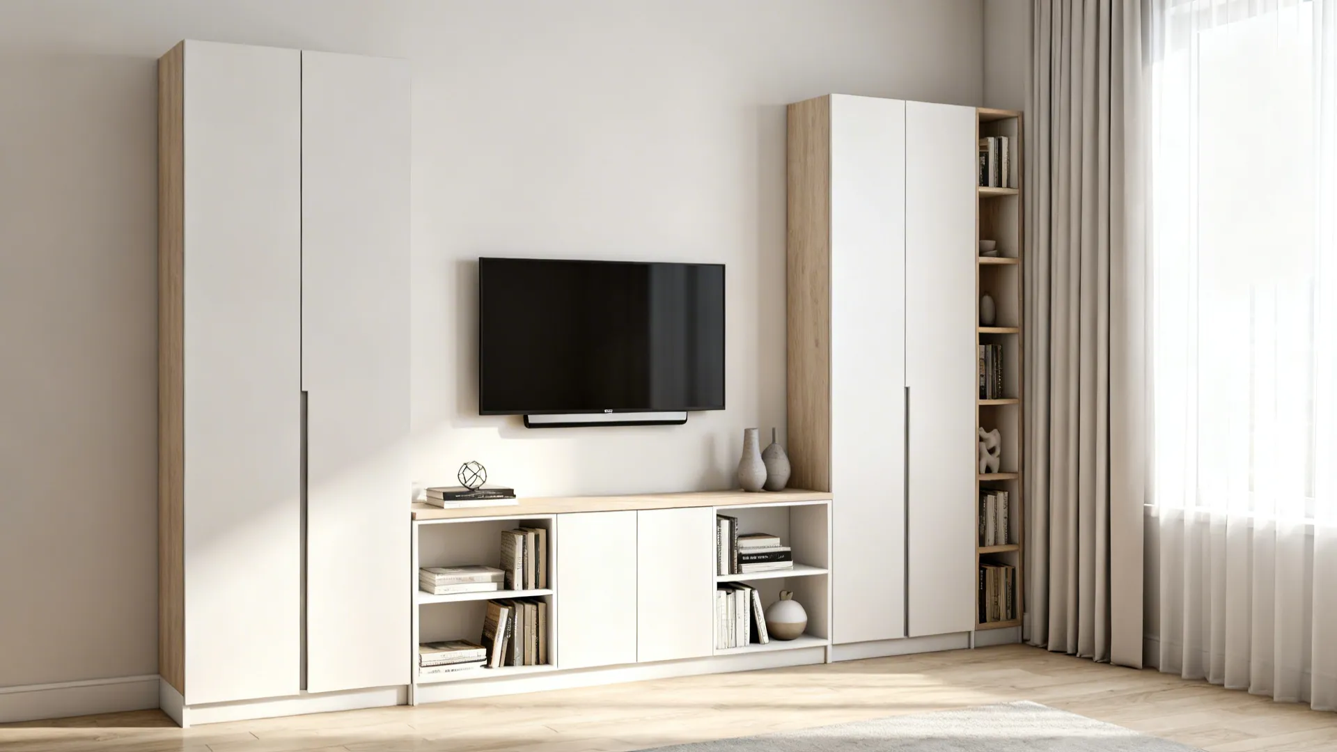 Slim console TV stand with tall vertical storage, open cubbies and closed doors in a narrow living room