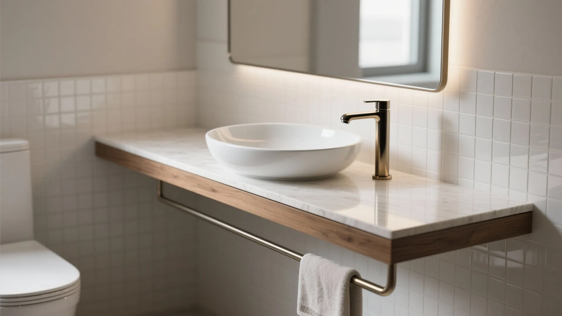 Modern bathroom with a white bowl sink on a marble counter with wooden edge trim