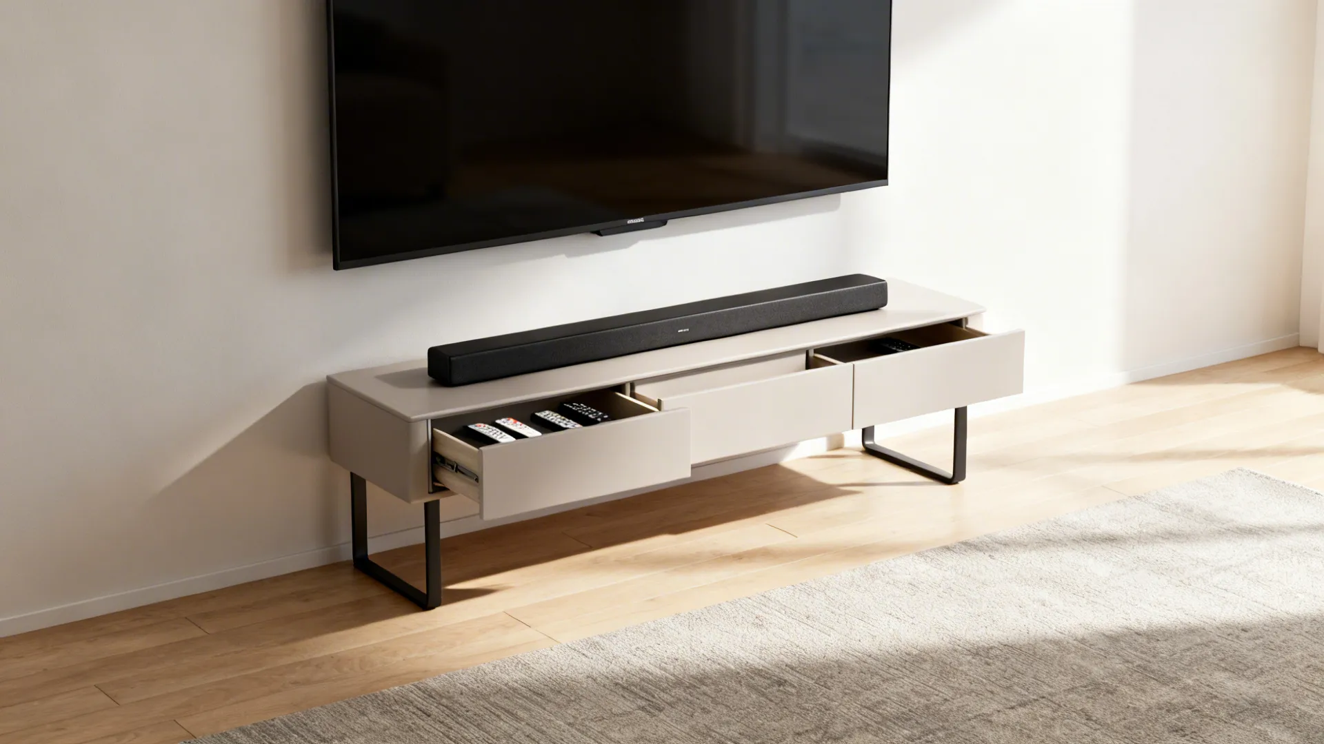 A wall mounted television above a beige cabinet with open drawers on a wooden floor