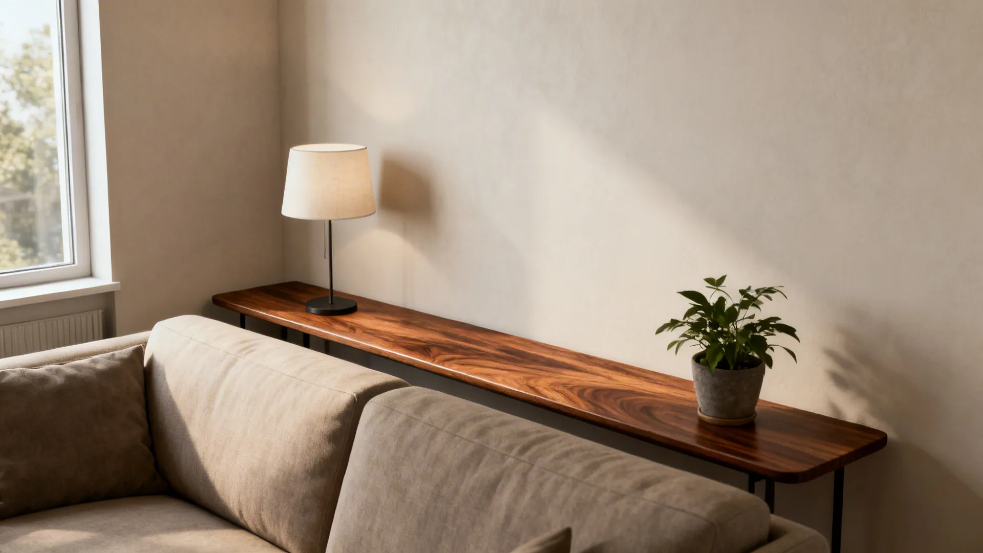 Slim walnut console table behind a sofa with lamp and plant in a small studio living room