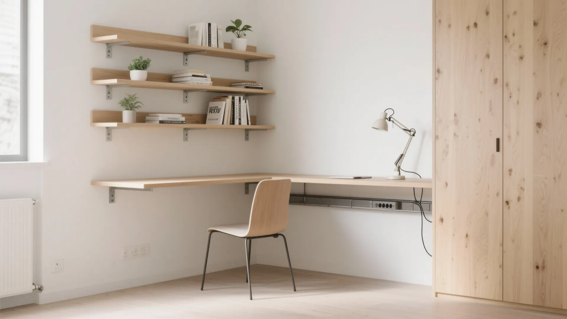 1. Slim corner desk with floating shelves